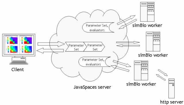 Fig. 2. Schematic diagram of distributed computing. Client, and each server of Javaspaces, simBio, and http can be run on separate computers or on the same PC. Client and an http server are typically executed on the same PC.