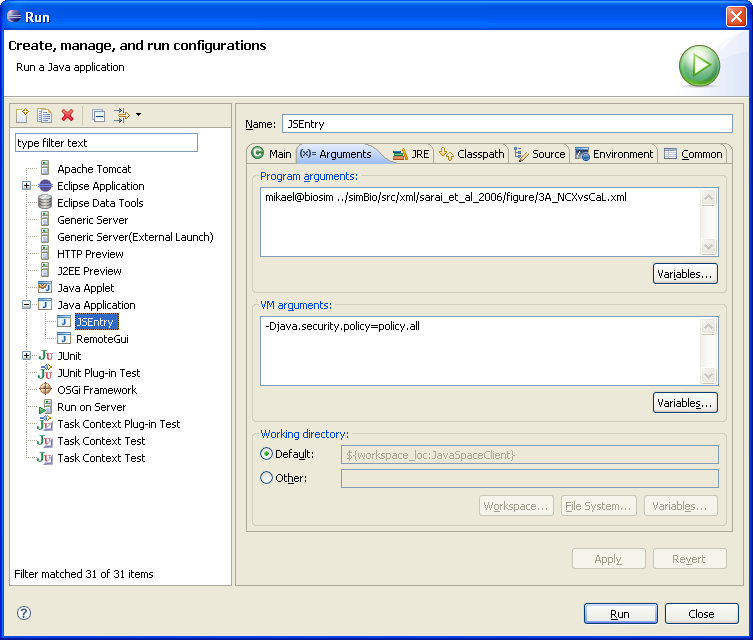 Figure 6. Run - Arguments Tab (the screen capture are made in Eclipse Europa (3.3), package Eclipse IDE for Java EE Developers)