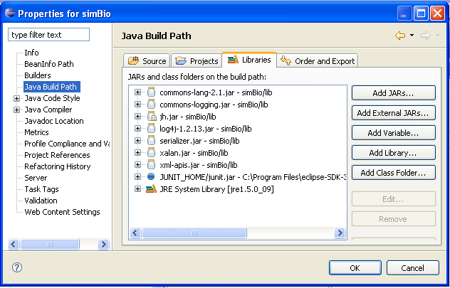 Figure 1-2-12 Setting libraries (jar files) in the build path