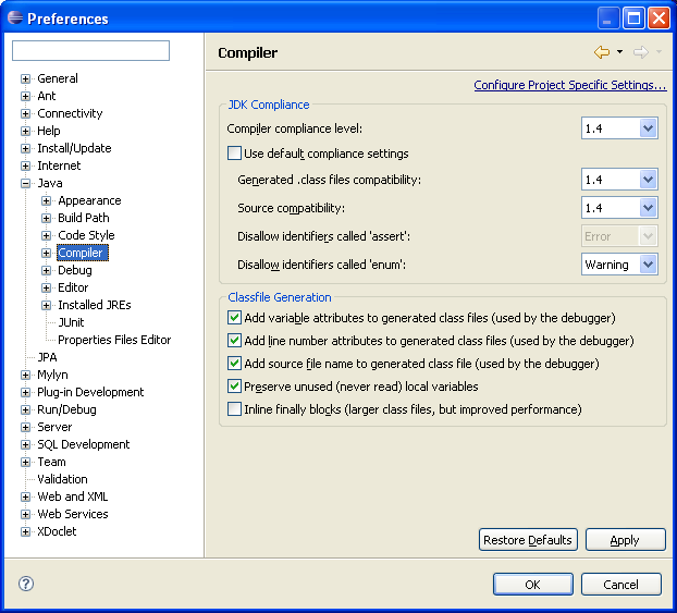 Figure 1-2-13. JDK Compliance Settings (the screen capture are made in Eclipse Europa (3.3), package Eclipse IDE for Java EE Developers)